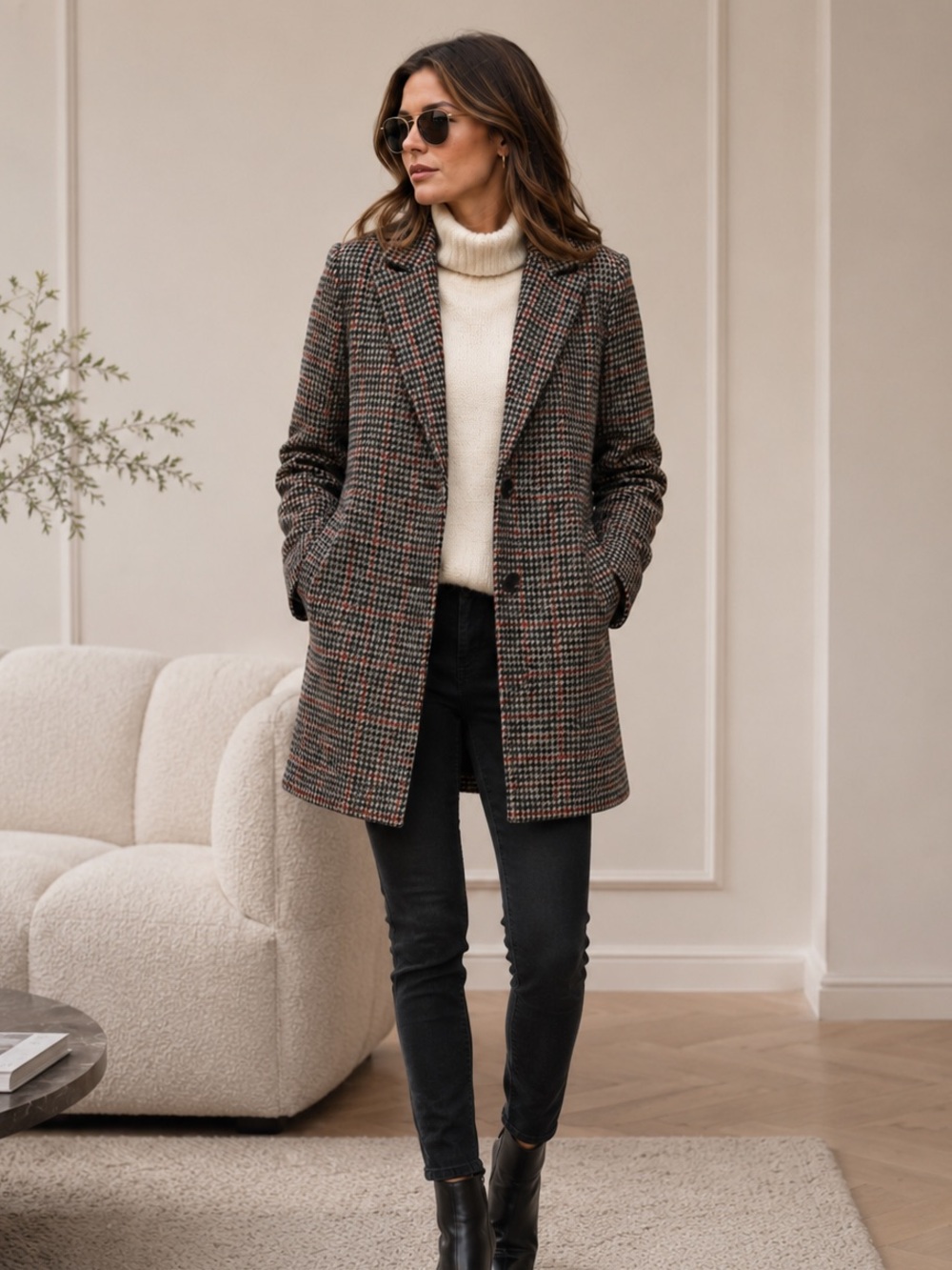Zara Wool Blend Houndstooth Plaid Long Coat Quilted Lined Size Small